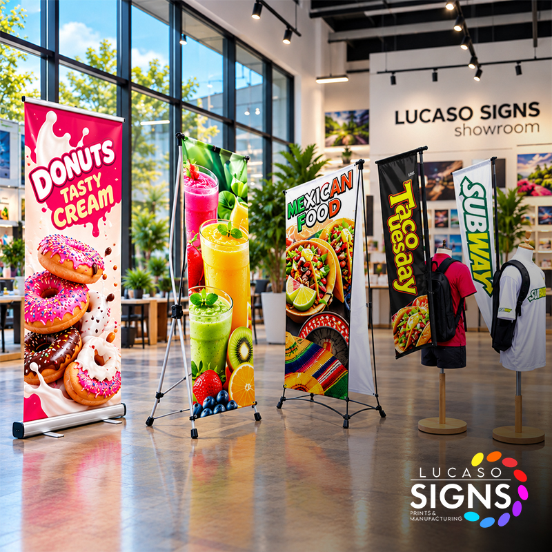 Custom printed retractable banner stands and roll-up displays featuring full-color advertising graphics for trade shows, retail stores, and promotional events.