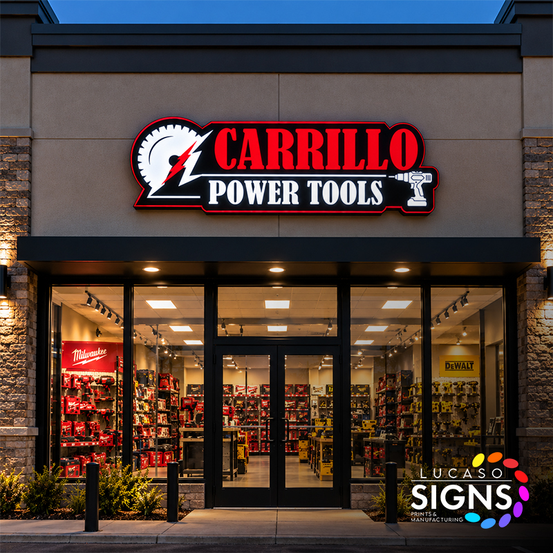 Custom LED illuminated cloud sign for Carrillo Power Tools storefront featuring red and white illuminated graphics