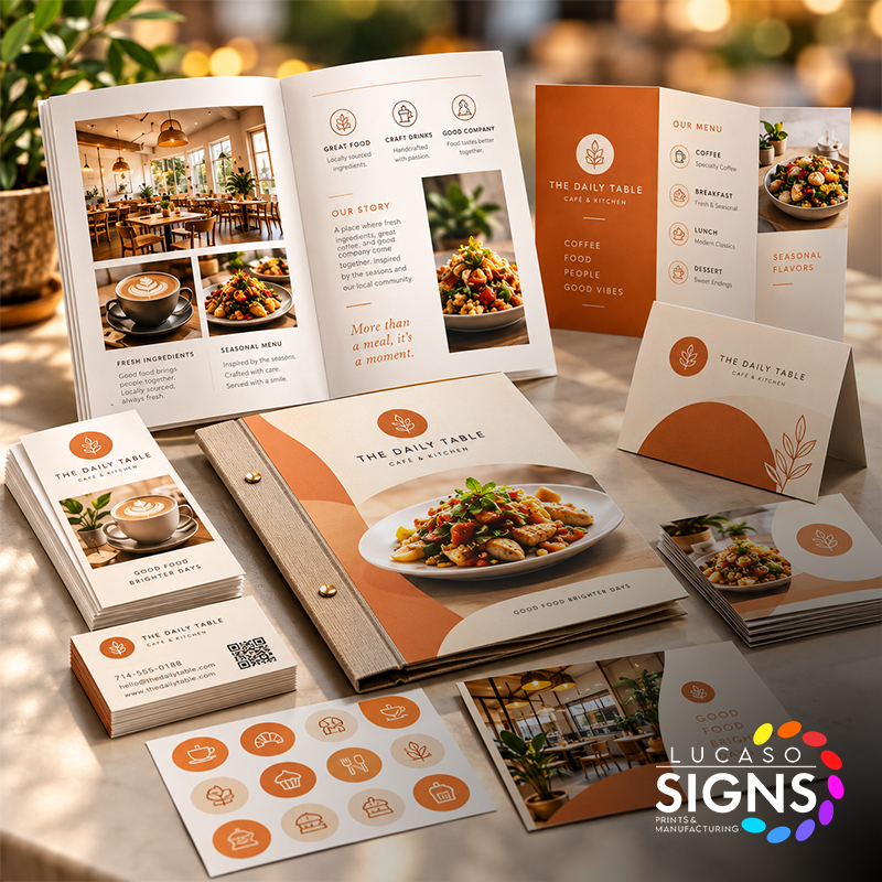Professional custom printing featuring business cards, restaurant menus, brochures, flyers, postcards, and branded marketing materials.
