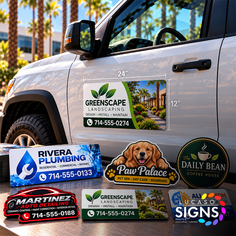 Custom printed magnetic vehicle signs featuring full-color business logos and advertising graphics for cars, trucks, and commercial vehicles.