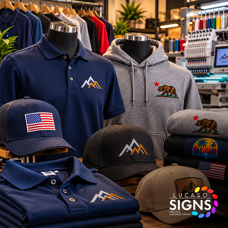 Custom embroidered business apparel featuring branded polo shirts, hoodies, baseball caps, and professional uniforms with colorful embroidered logos.