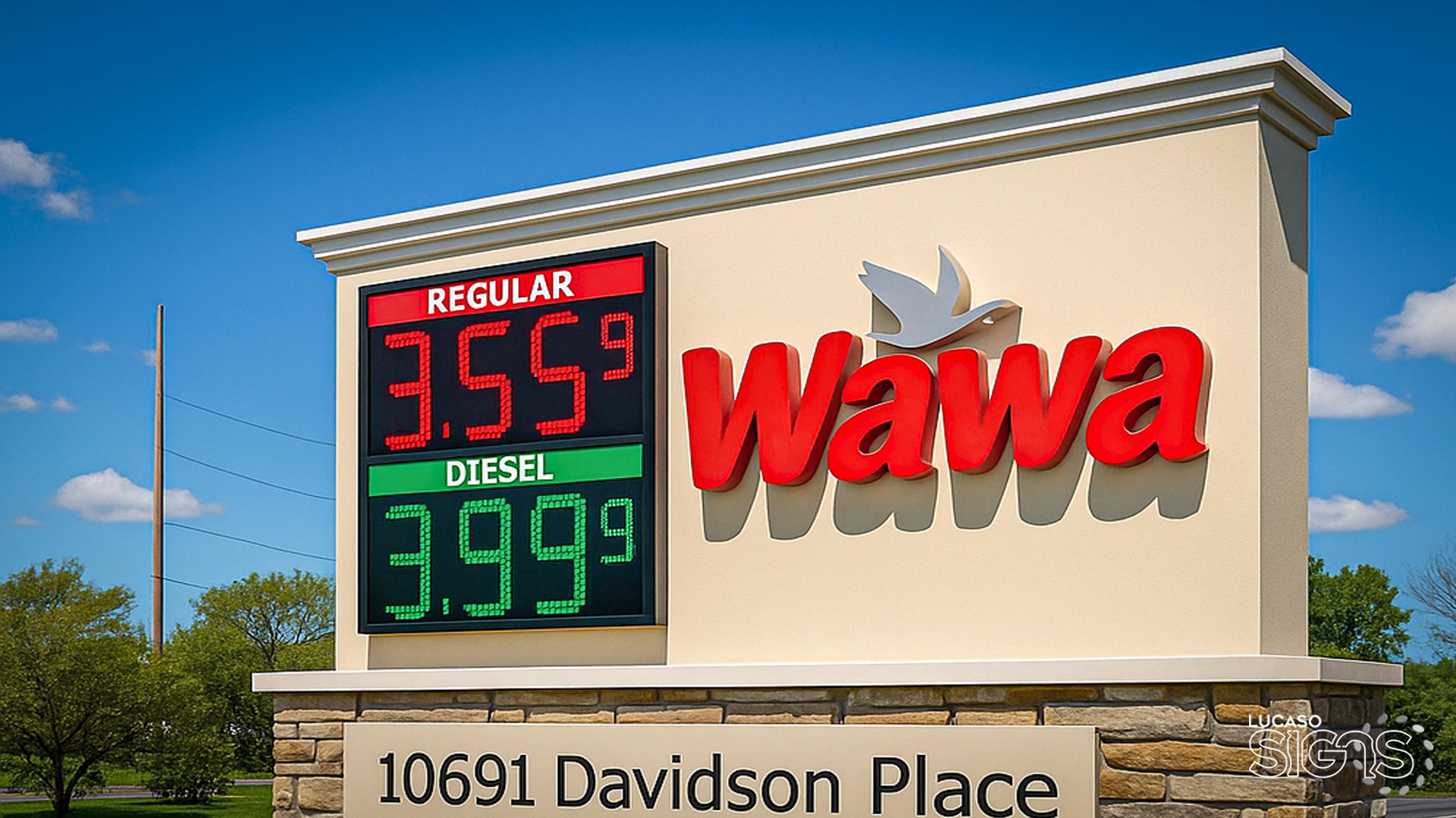 Wawa gas station custom monument sign with digital LED fuel prices for regular and diesel by Lucaso Signs