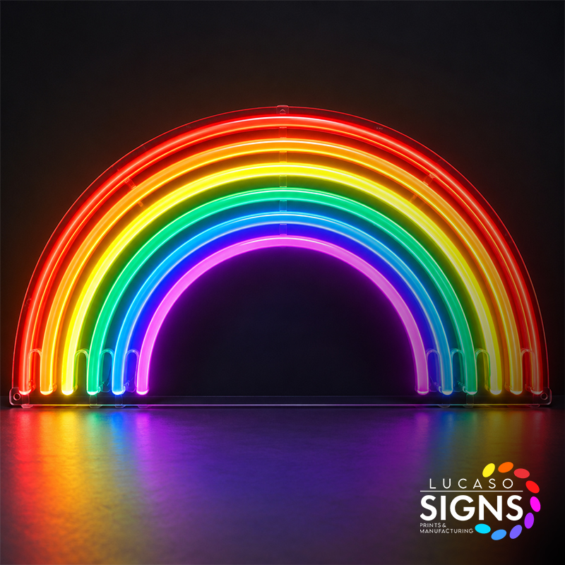 Custom multicolor LED neon rainbow sign featuring red orange yellow green blue and purple illuminated neon tubing