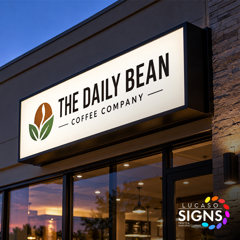 Custom LED illuminated light box cabinet sign for The Daily Bean Coffee Company installed above a commercial storefront