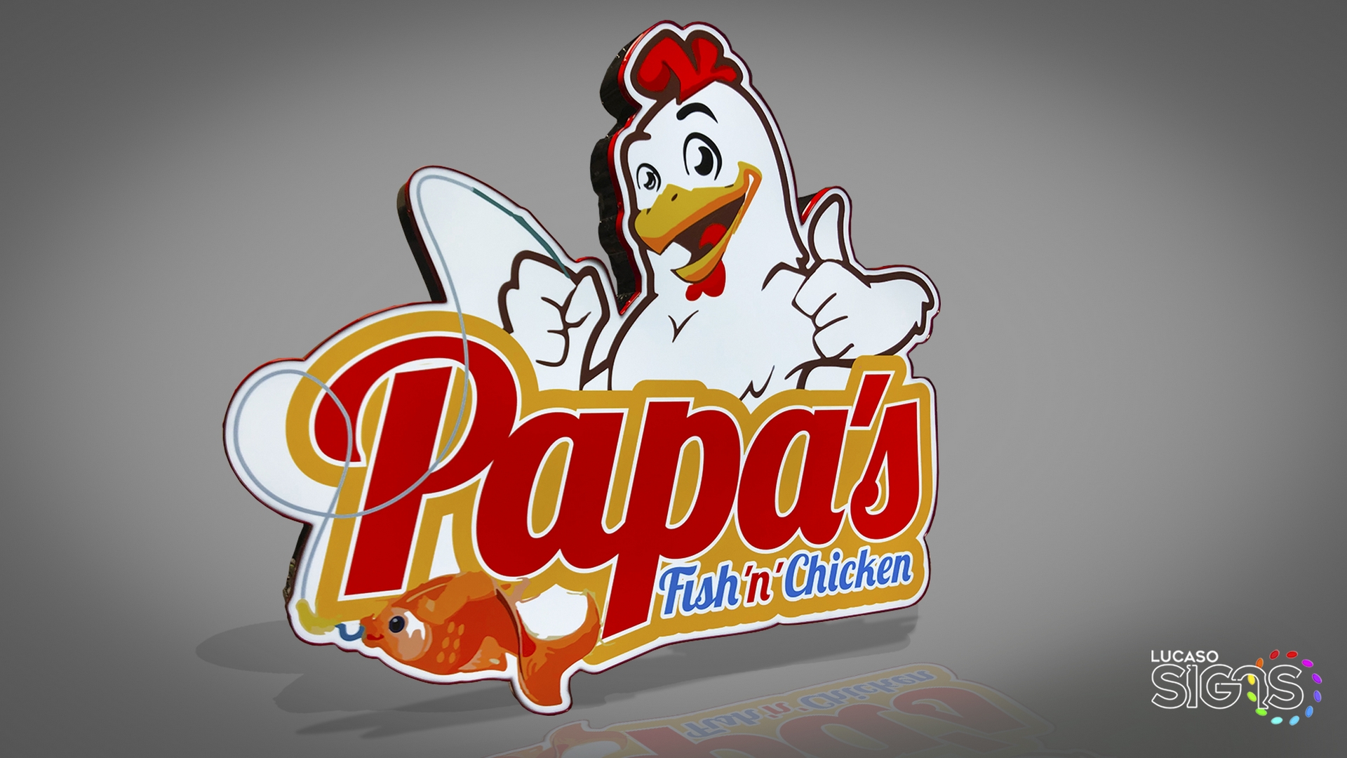 Restaurant custom logo storefront illuminated by lucaso signs