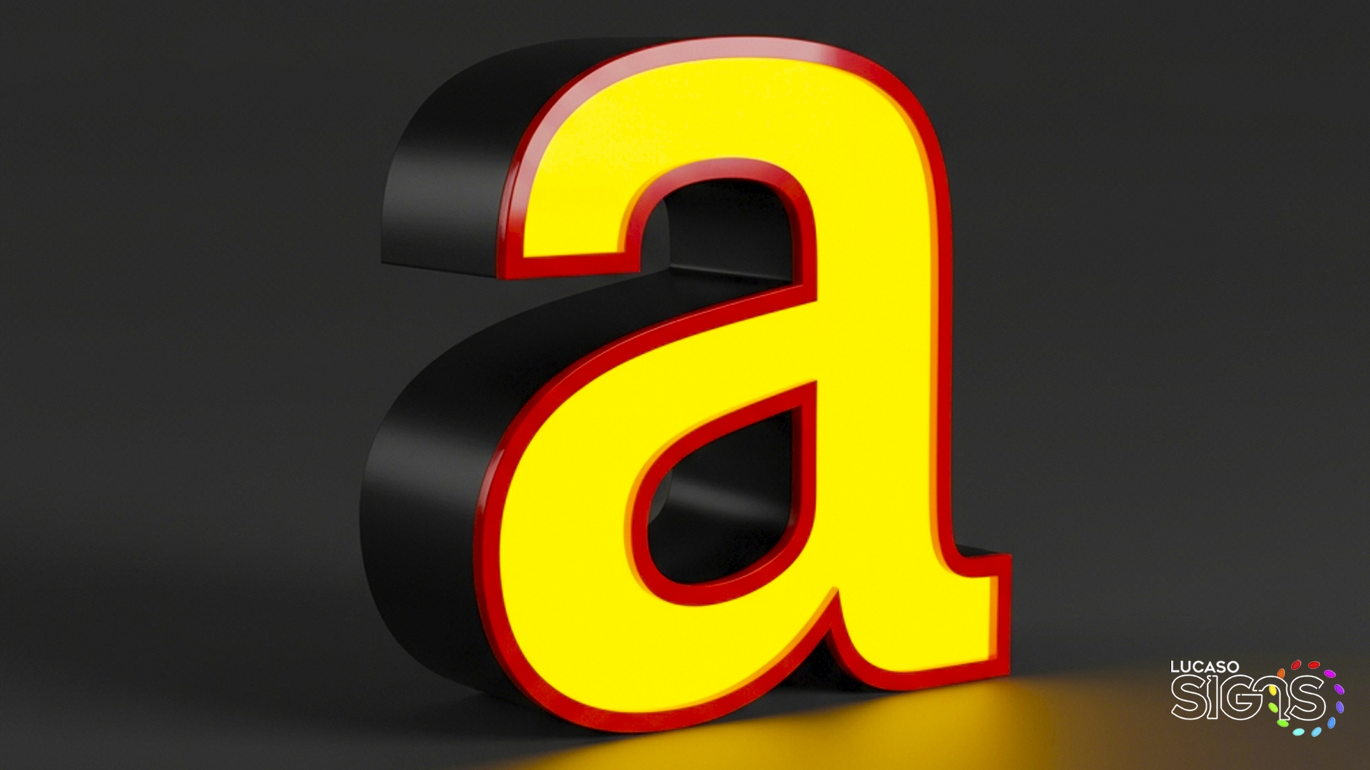Illuminated lowercase channel letter "a" with yellow acrylic face, red trim cap, and black returns by Lucaso Signs
