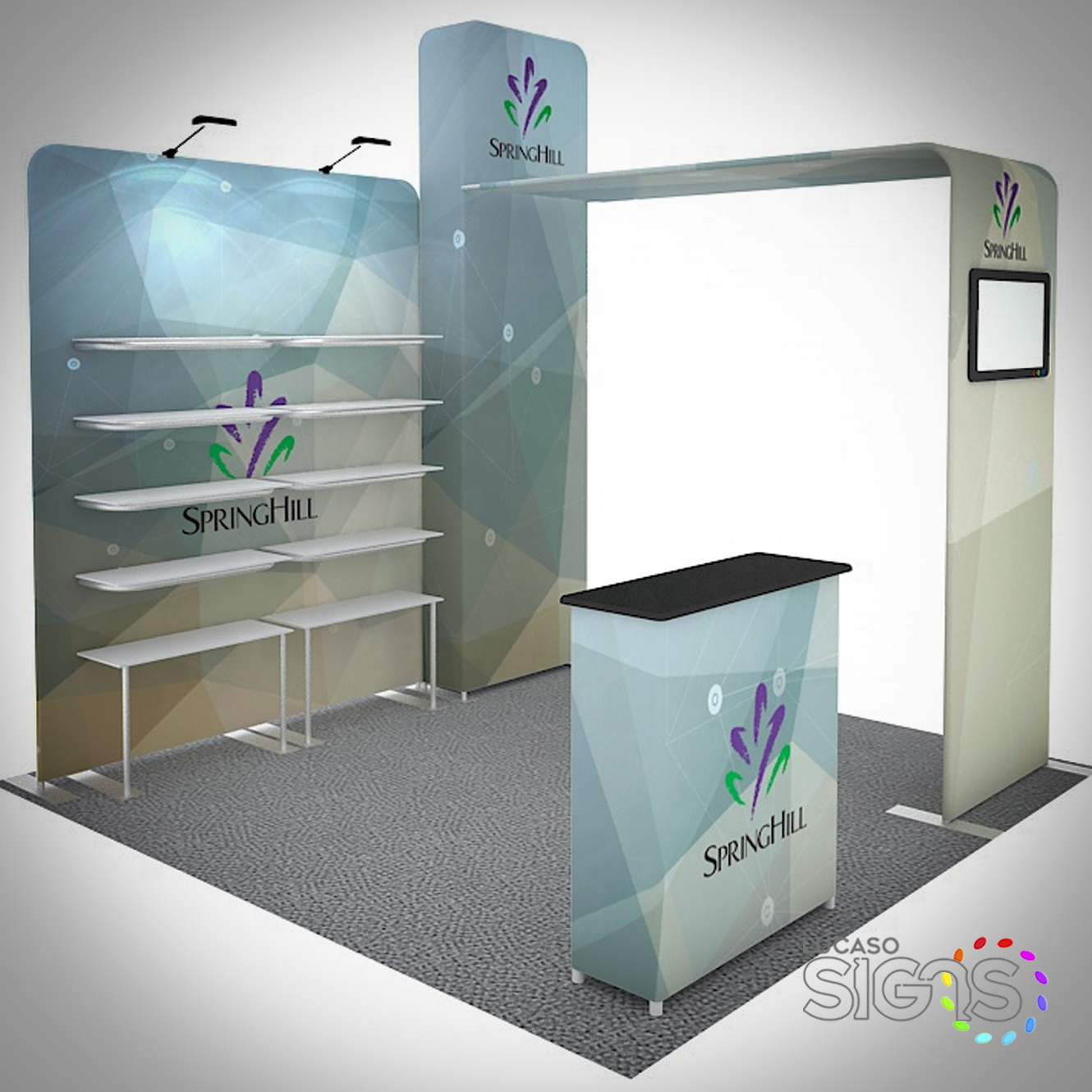 10x10 custom SpringHill trade show booth with shelving, counter, and overhead frame by Lucaso Signs
