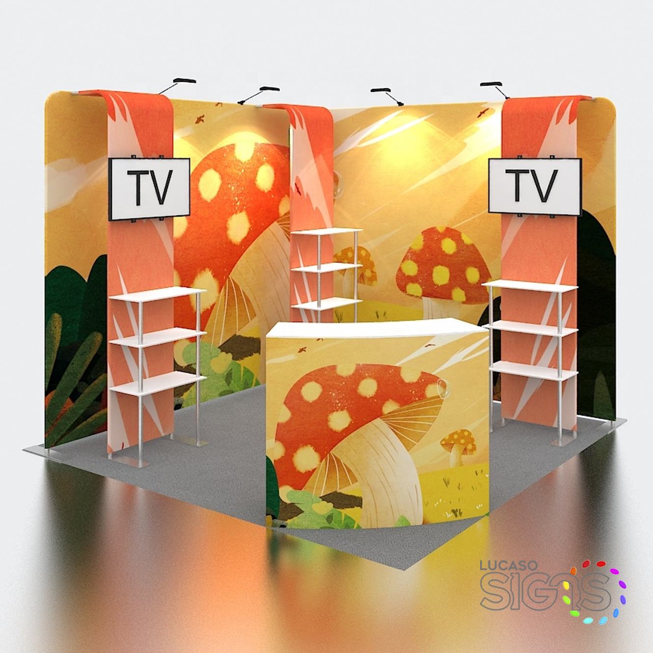 10x10 custom trade show booth with mushroom-themed graphics, display shelves, counters, and TV mounts by Lucaso Signs