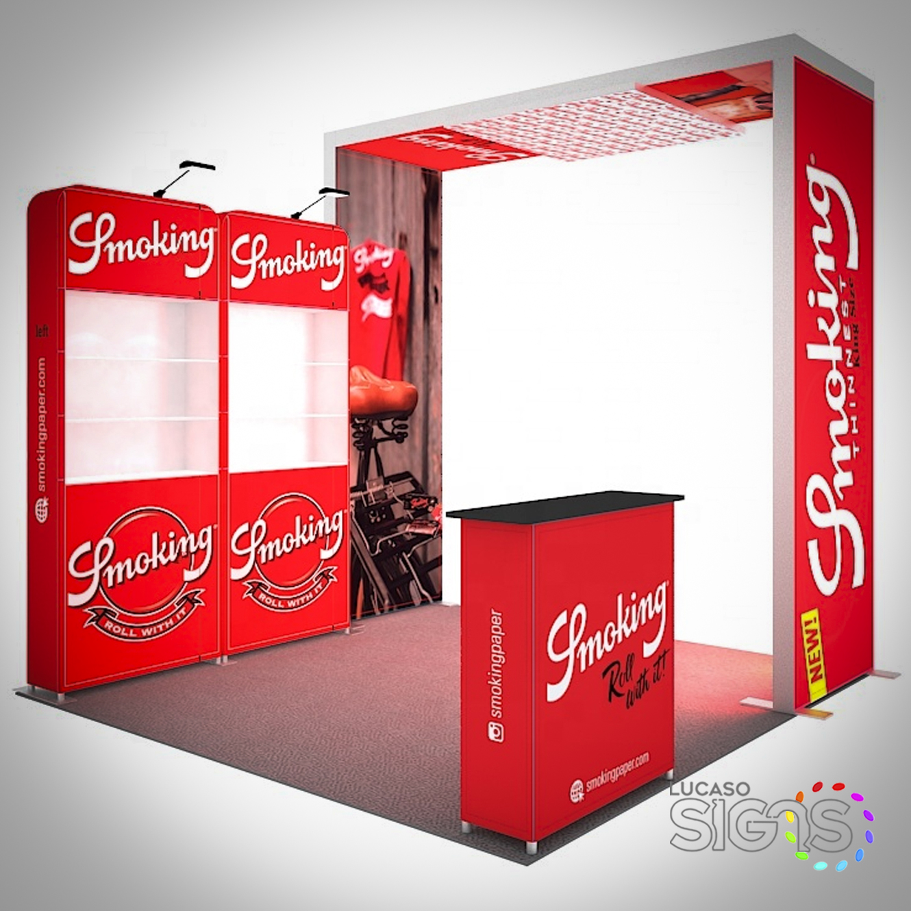 10x10 Smoking trade show booth with branded red backdrop, counters, and display shelves by Lucaso Signs