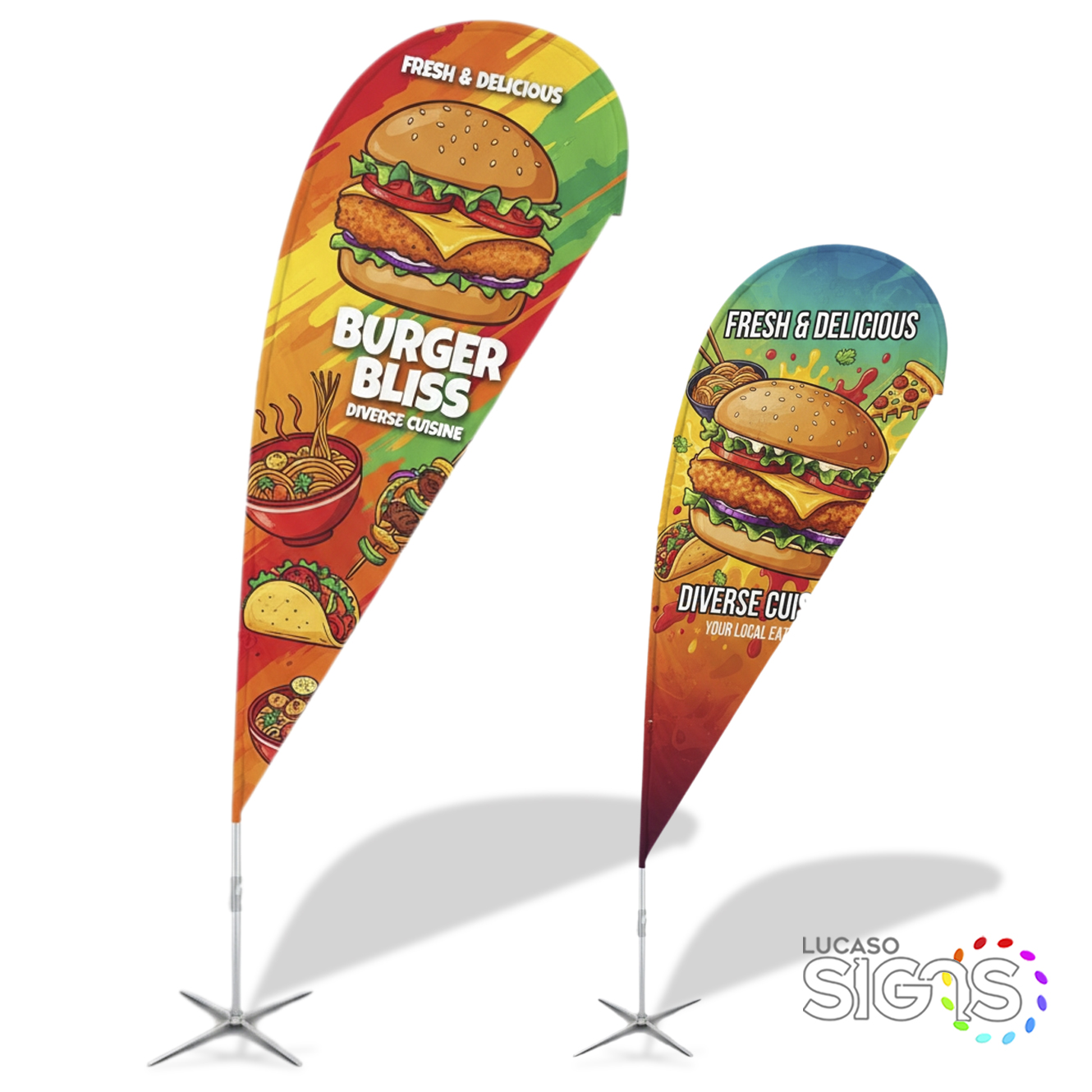 Custom teardrop flags with hard floor stand by lucaso signs