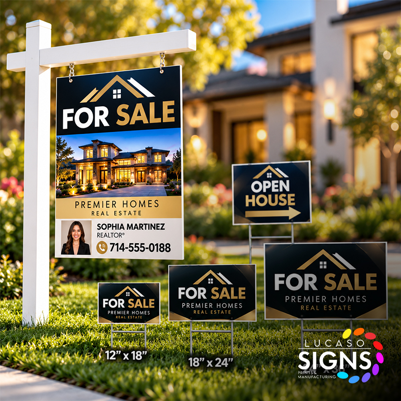 Custom printed real estate for sale signs with post-mounted property listing sign and smaller yard signs displayed outside a residential property