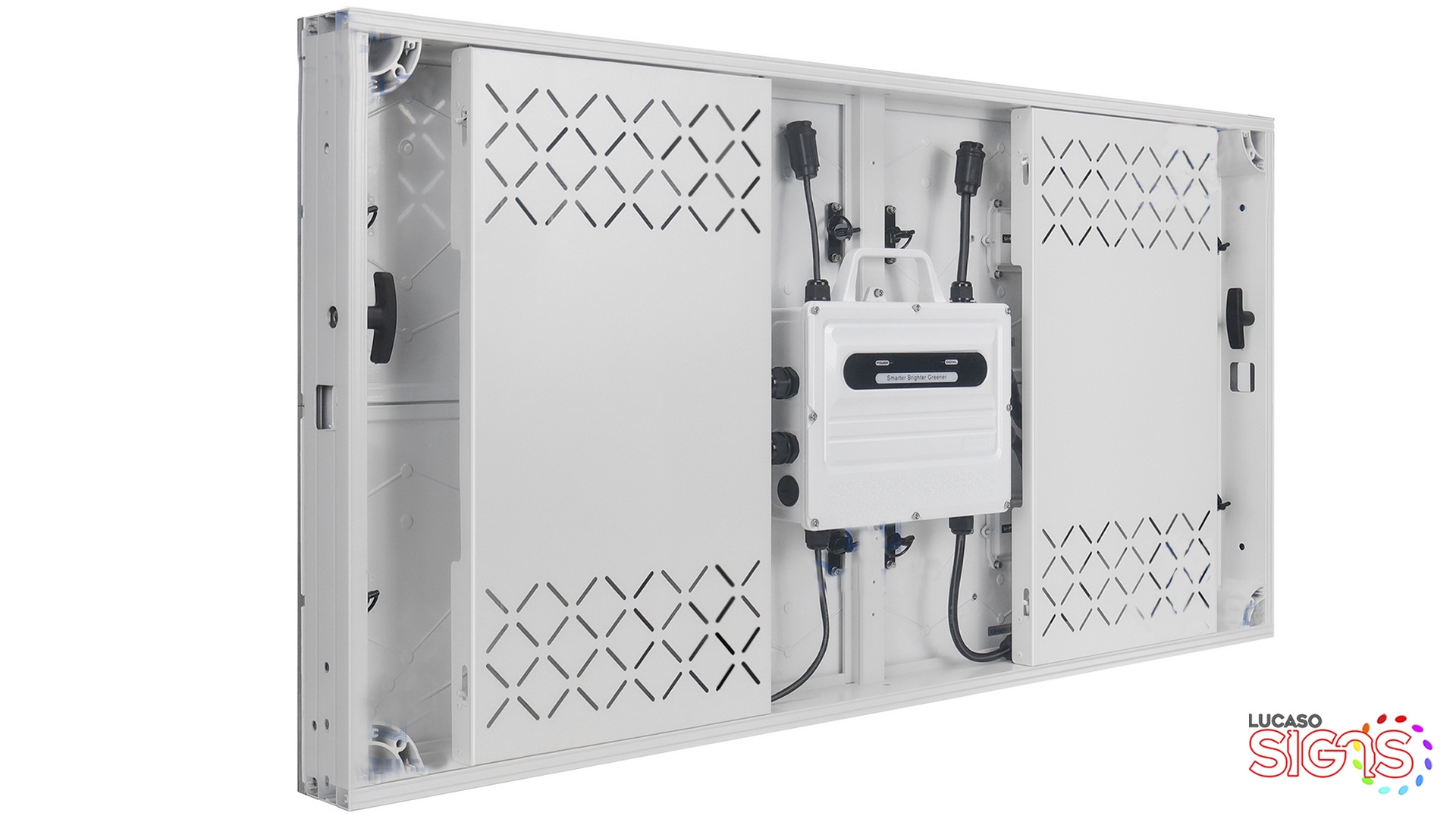 Back view of LED digital display panel with power supply and wiring system by Lucaso Signs.